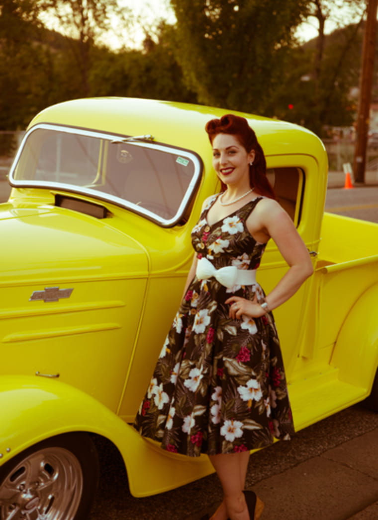 Pin-up style portrait of woman with classic yellow Chevrolet truck - Portland photography