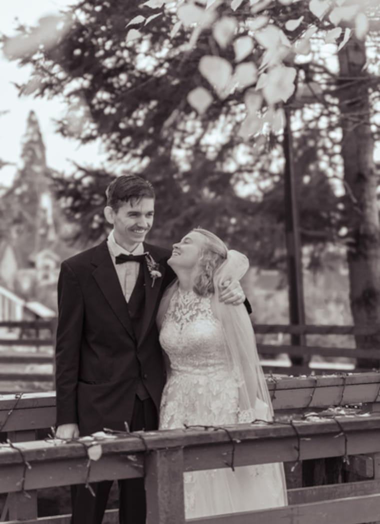 Joyful bride and groom black and white portrait outdoors - Portland wedding photography